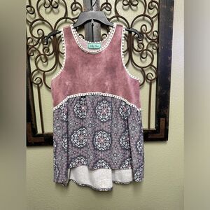 Filly Flair sleeveless crochet hem boho print babydoll knit top